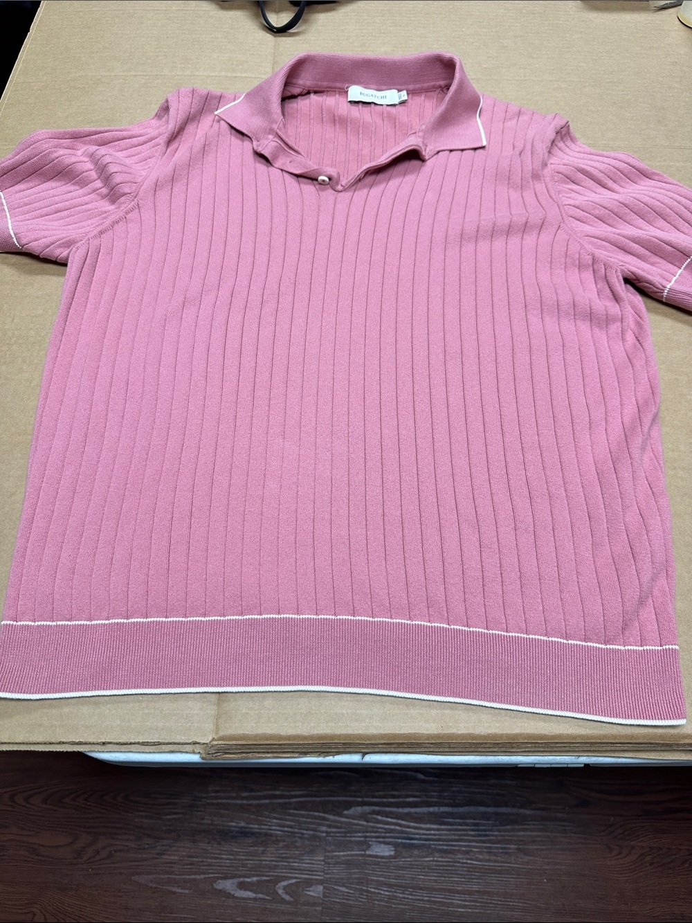NWOT Bugatchi Pink Ribbed Polo Knit Top with White Trim